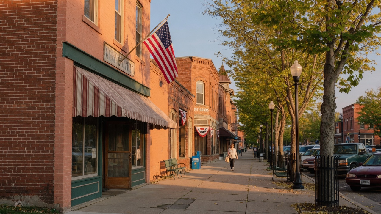 Small-town Main Street in southwestern Ohio with brick buildings and mature trees