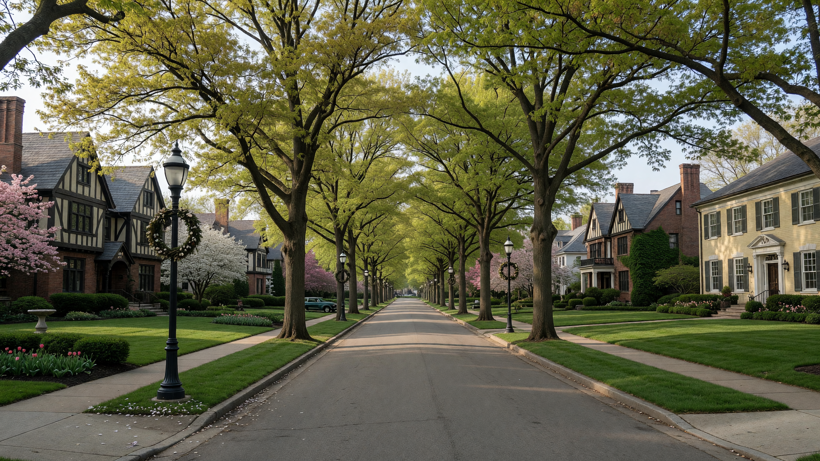 Charming tree-lined Far Hills Avenue in Oakwood Ohio with historic storefronts and mature oak trees