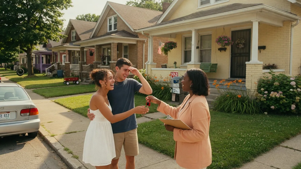 House keys being handed to a first-time homebuyer in front of their new home in a Dayton Ohio neighborhood on a sunny summer day