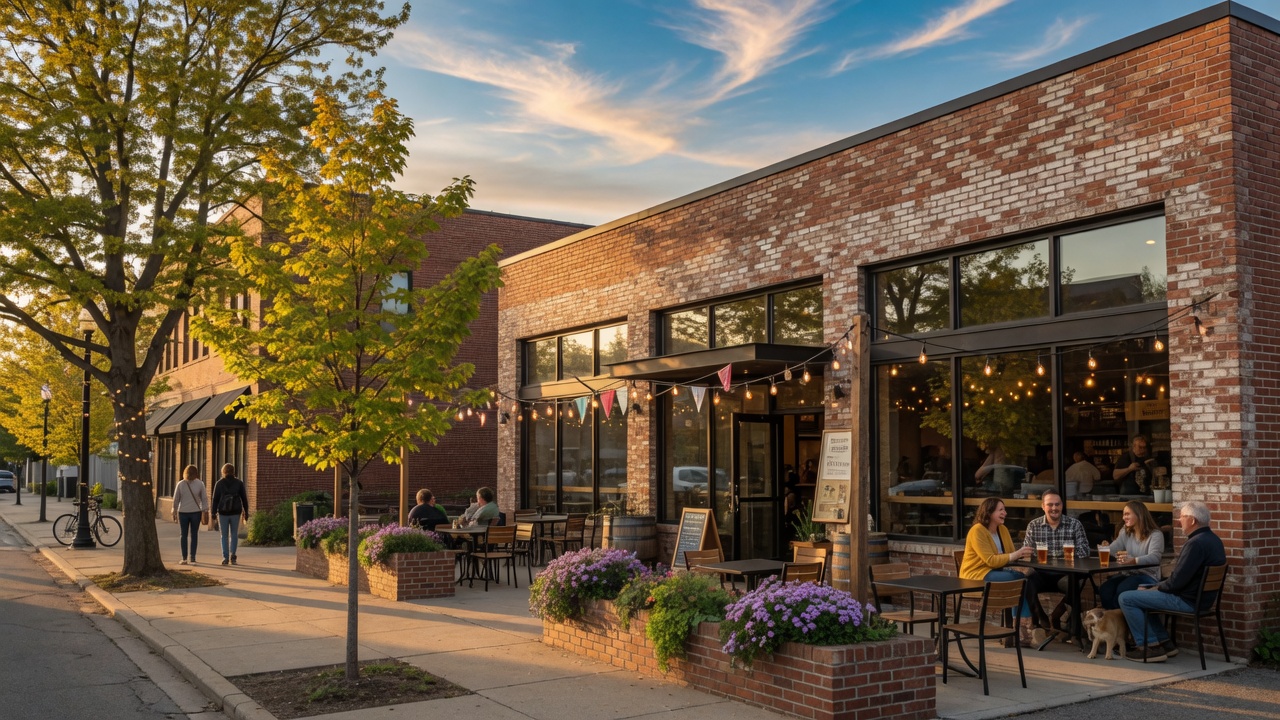 The warm exterior of Warped Wing Brewing Company in downtown Dayton Ohio with patio seating and string lights on a sunny afternoon