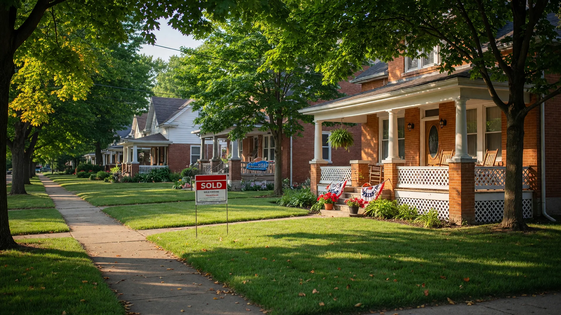 A sold sign in front of a brick bungalow in a tree-lined Dayton Ohio neighborhood on a warm summer afternoon with dappled sunlight