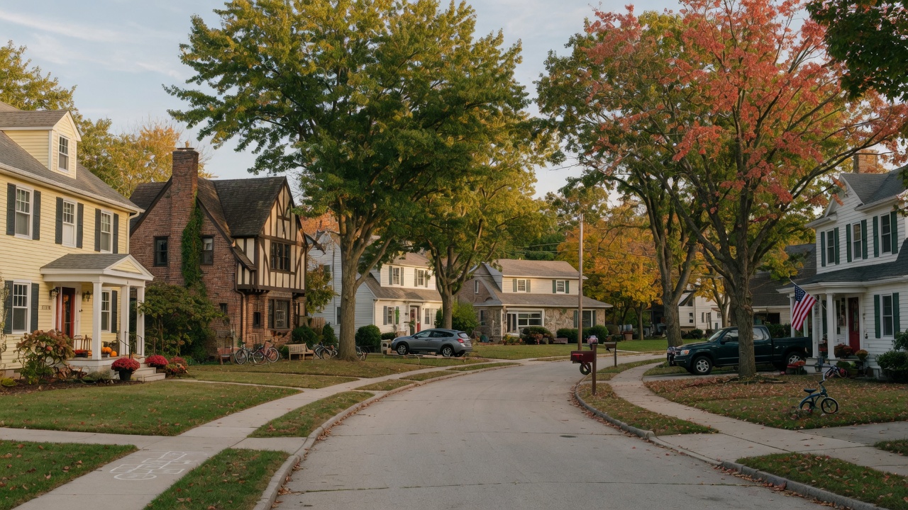 A charming tree-lined residential street in a Dayton Ohio suburb with well-maintained homes and mature trees