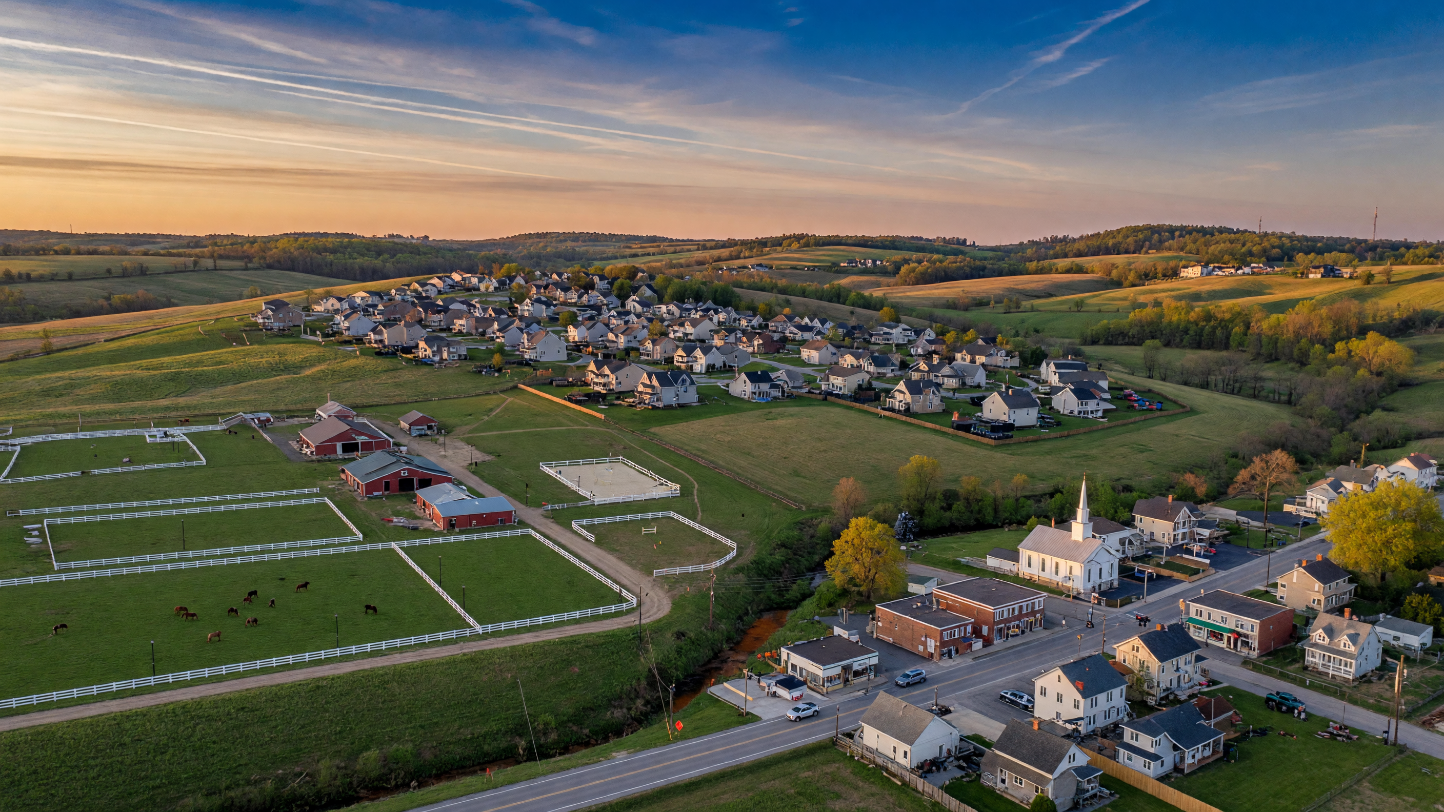 Aerial view of Warren County Ohio showing rolling farmland, equestrian properties, and suburban communities