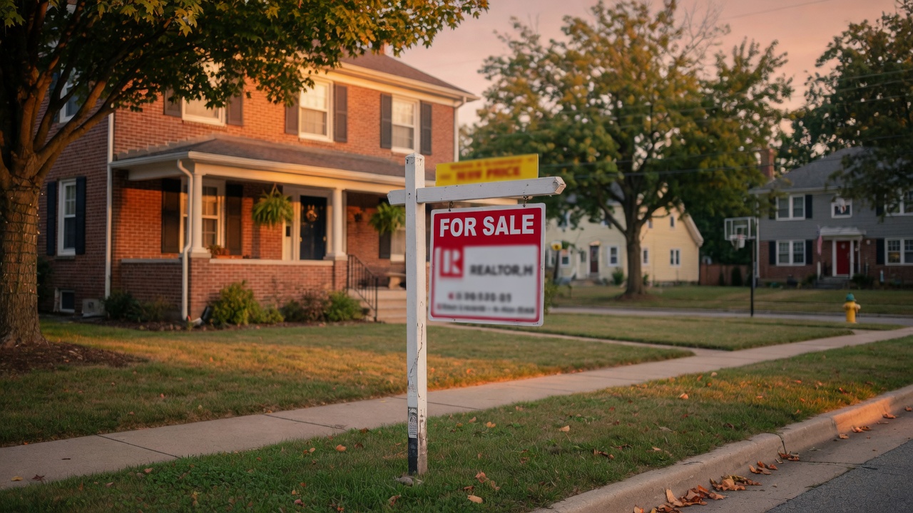 A real estate for sale sign in front of a well-maintained suburban home in a Dayton Ohio neighborhood