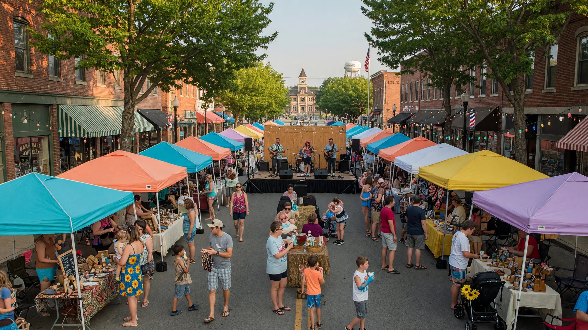 A colorful summer festival on a small-town Main Street with vendor tents, string lights, and families enjoying artisan booths under a warm afternoon sky
