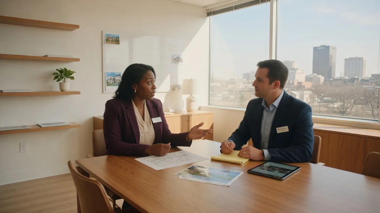 Two real estate agents having a professional consultation in a bright modern office in Dayton with natural light from large windows