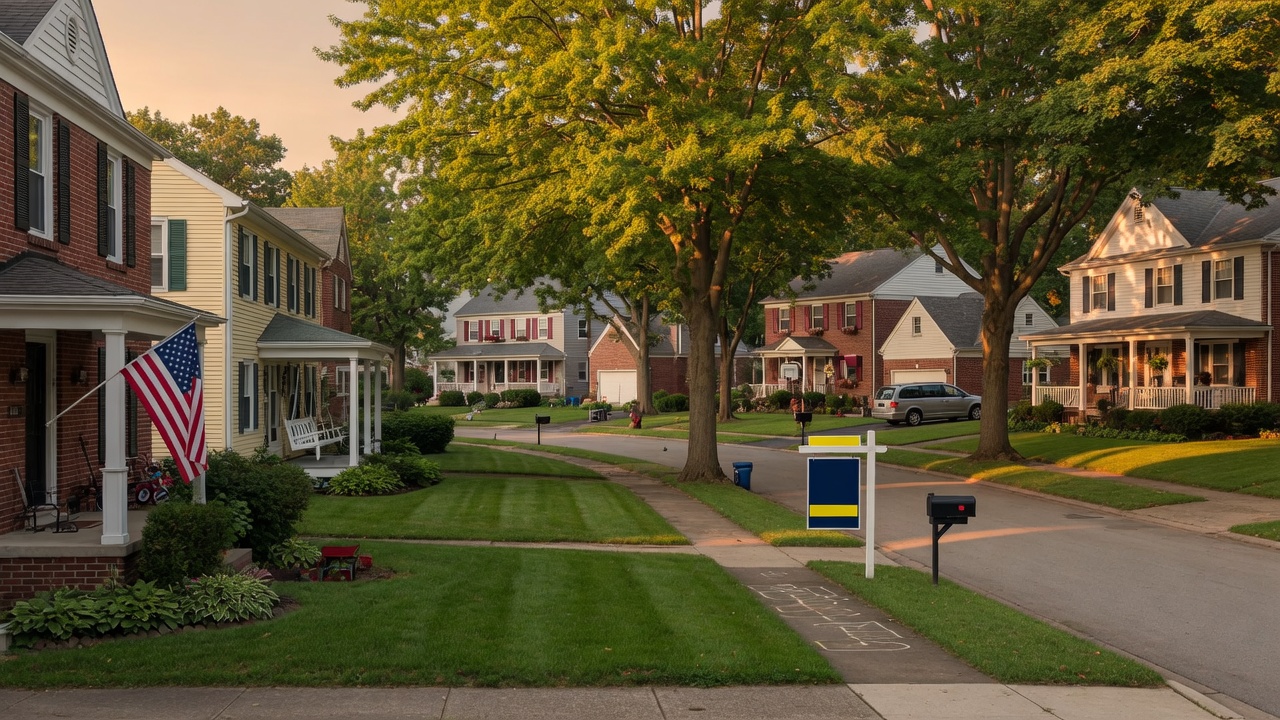 A tree-lined residential street in a Dayton Ohio suburb with well-maintained homes and a sold sign
