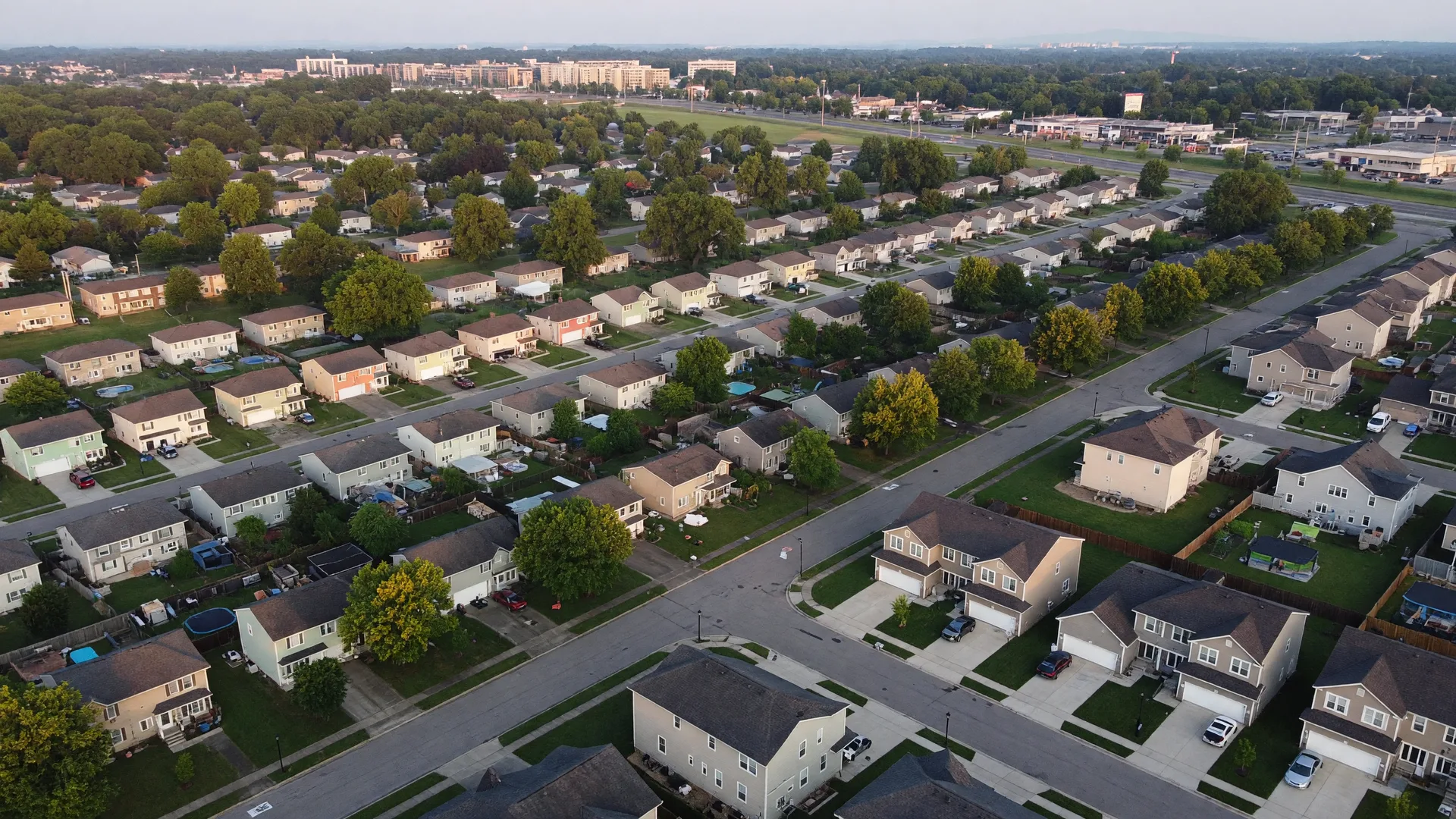 Aerial view of residential neighborhoods across the greater Dayton Ohio area showing distinct communities with varying home styles