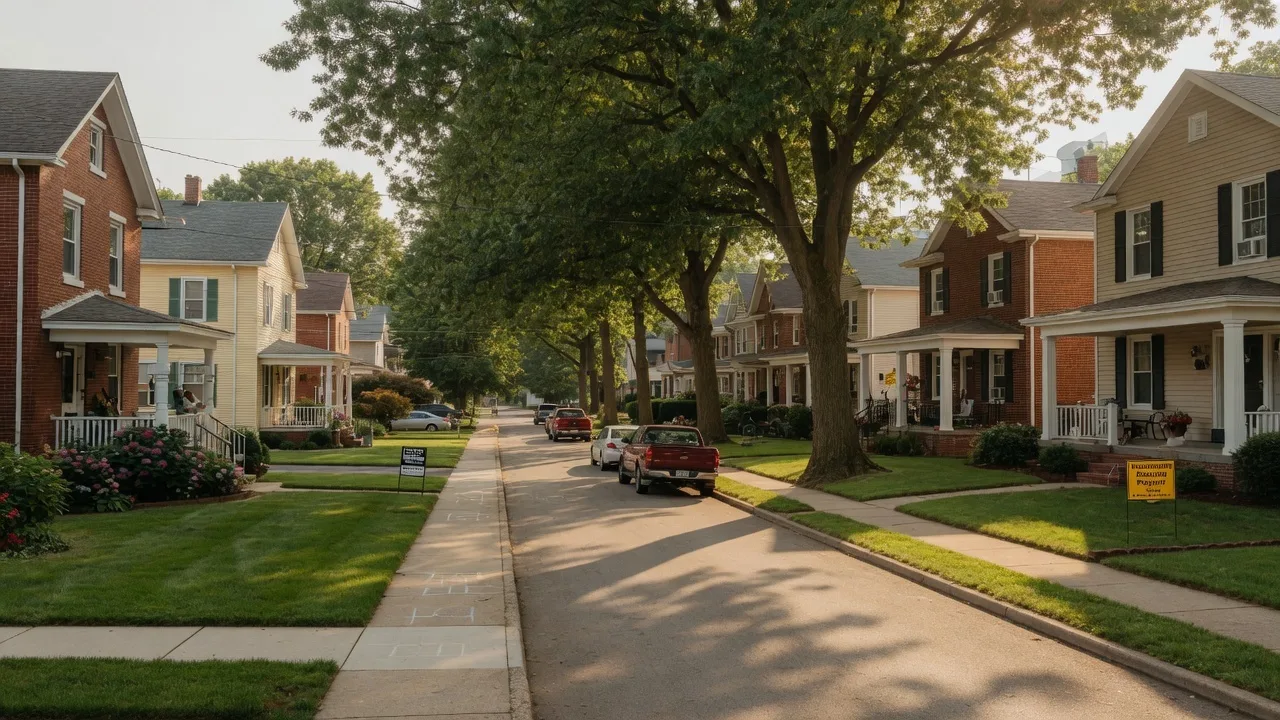 A residential street in Dayton, Ohio on a summer morning with tree-lined sidewalks and a mix of well-maintained homes