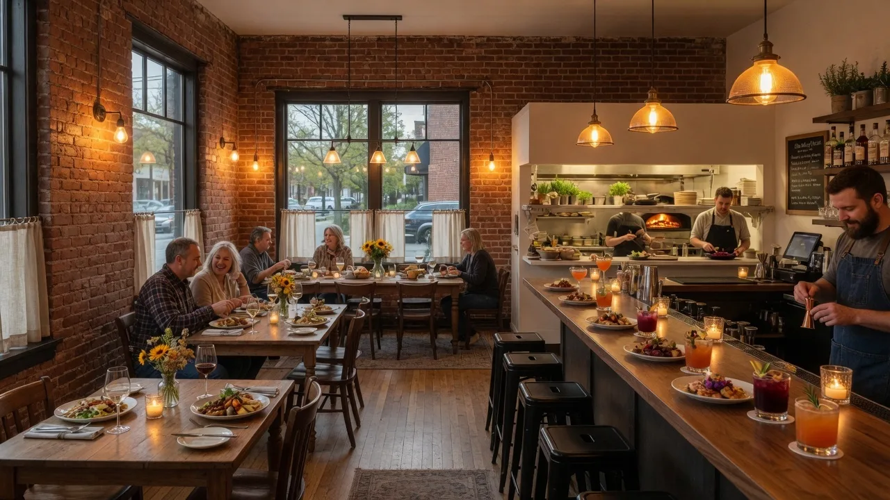 The warm interior of Meadowlark Restaurant in Kettering Ohio with exposed brick walls, wooden tables, pendant lighting, and an open kitchen creating a cozy neighborhood bistro atmosphere