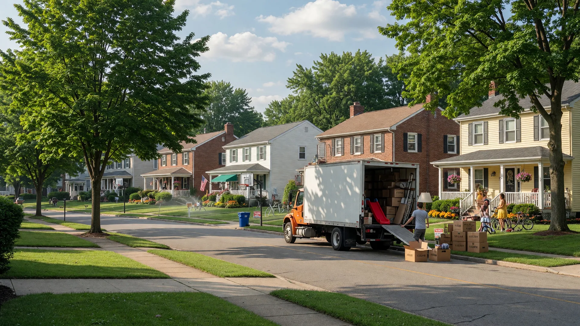 A welcoming suburban street in a Dayton Ohio neighborhood with a moving truck and family relocating on a sunny summer morning