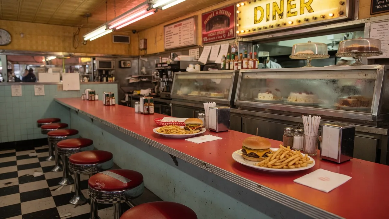 A classic American diner interior with red vinyl counter stools, chrome trim, glass display cases, and warm overhead lighting creating a nostalgic atmosphere