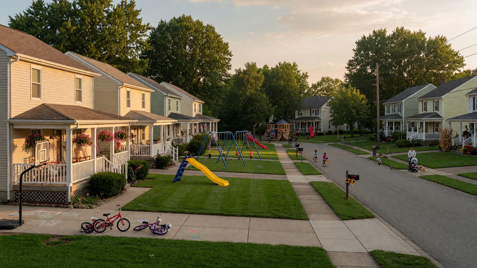 A family-friendly suburban neighborhood in the Dayton Ohio area with well-maintained homes with front porches and green lawns