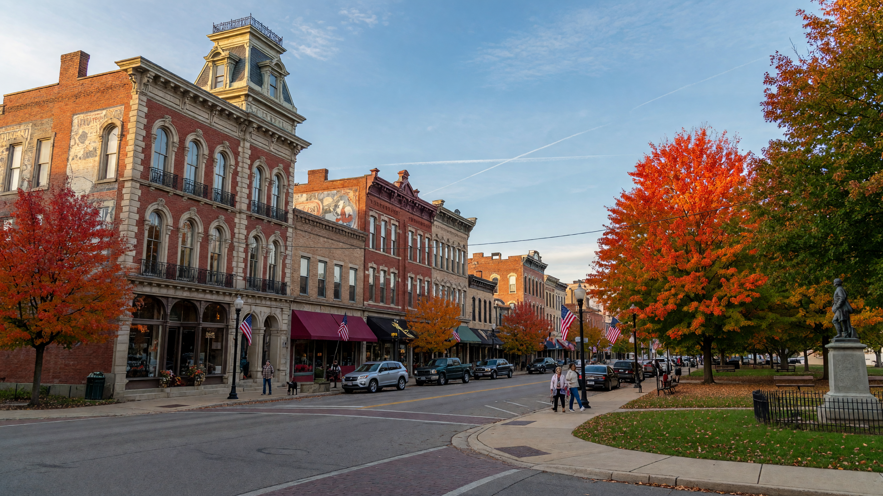Historic downtown Troy Ohio square with the iconic Miami County Courthouse clock tower