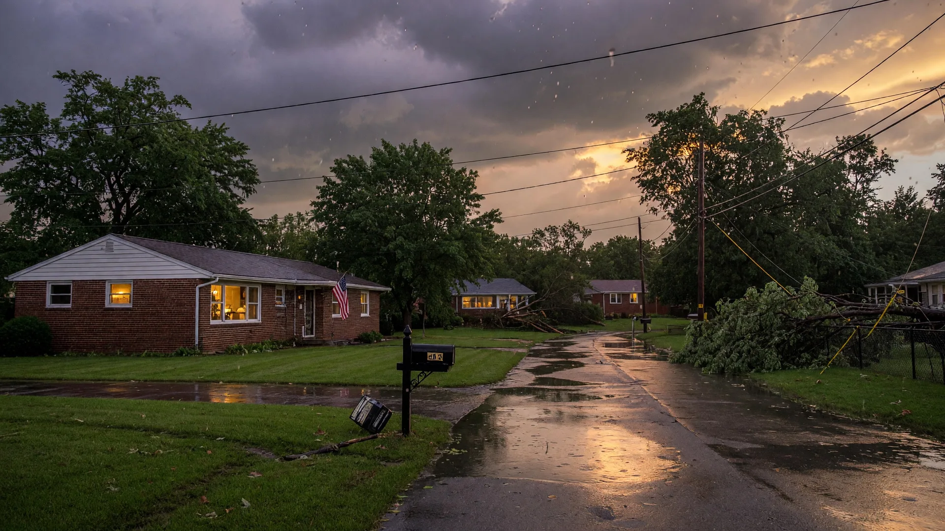 A suburban Ohio neighborhood after a thunderstorm with dark clouds, puddles on the street, and warm interior lights glowing from a brick ranch home