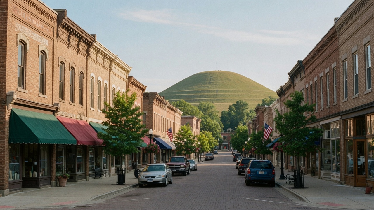Historic downtown Miamisburg Ohio with 19th-century architecture and the iconic Miamisburg Mound