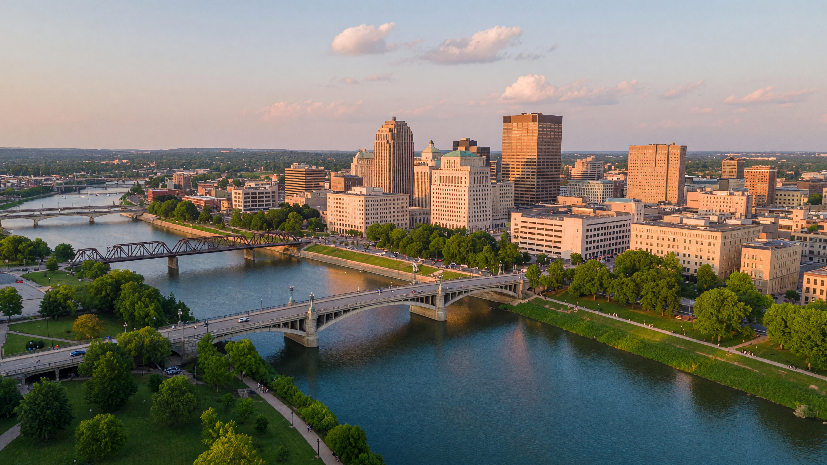 Dayton Ohio downtown skyline with modern and historic architecture