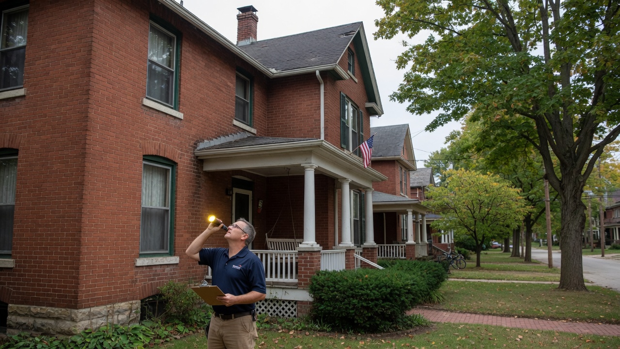 A home inspector examining the exterior of a classic brick house in a Dayton Ohio neighborhood