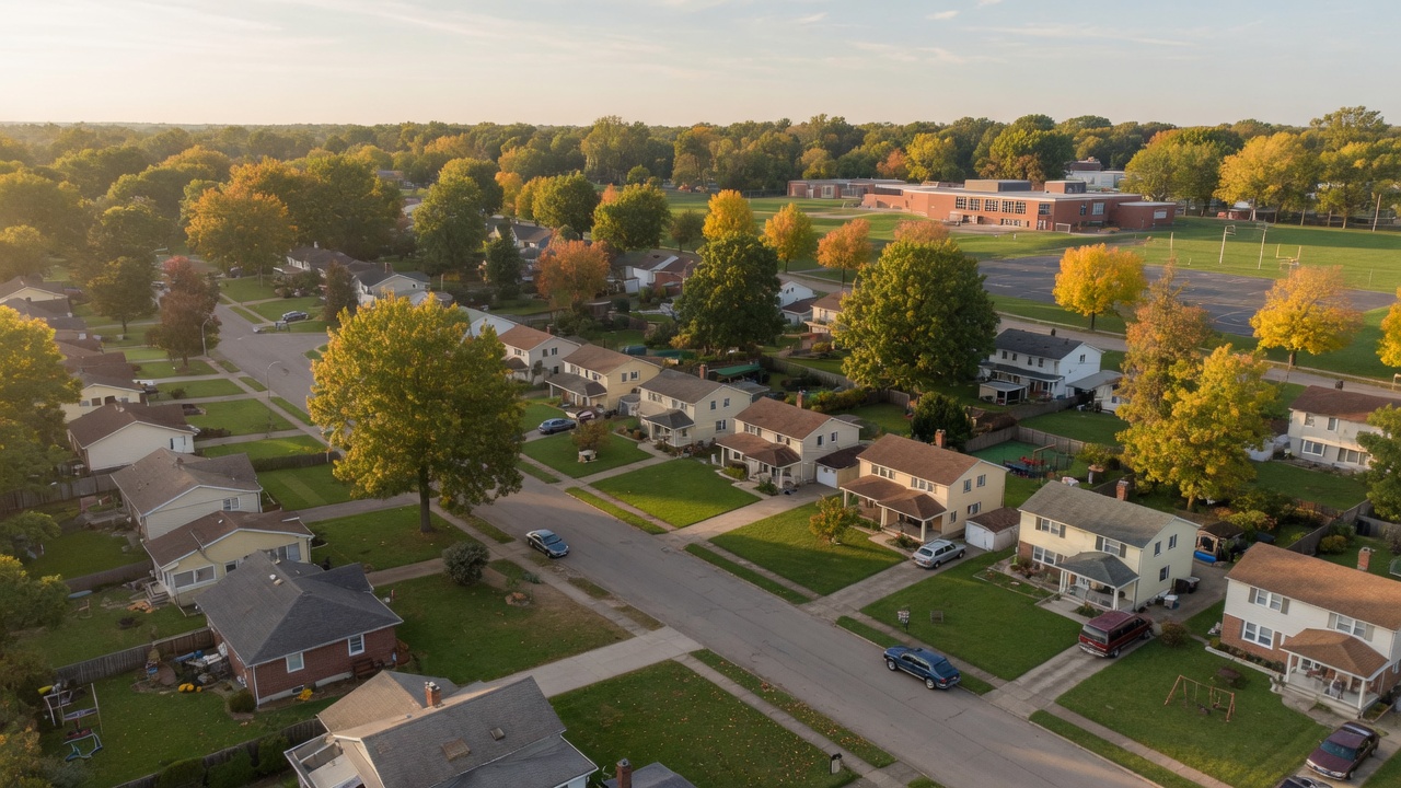 Aerial view of a tree-lined suburban neighborhood in the greater Dayton Ohio area with single-family homes and green lawns