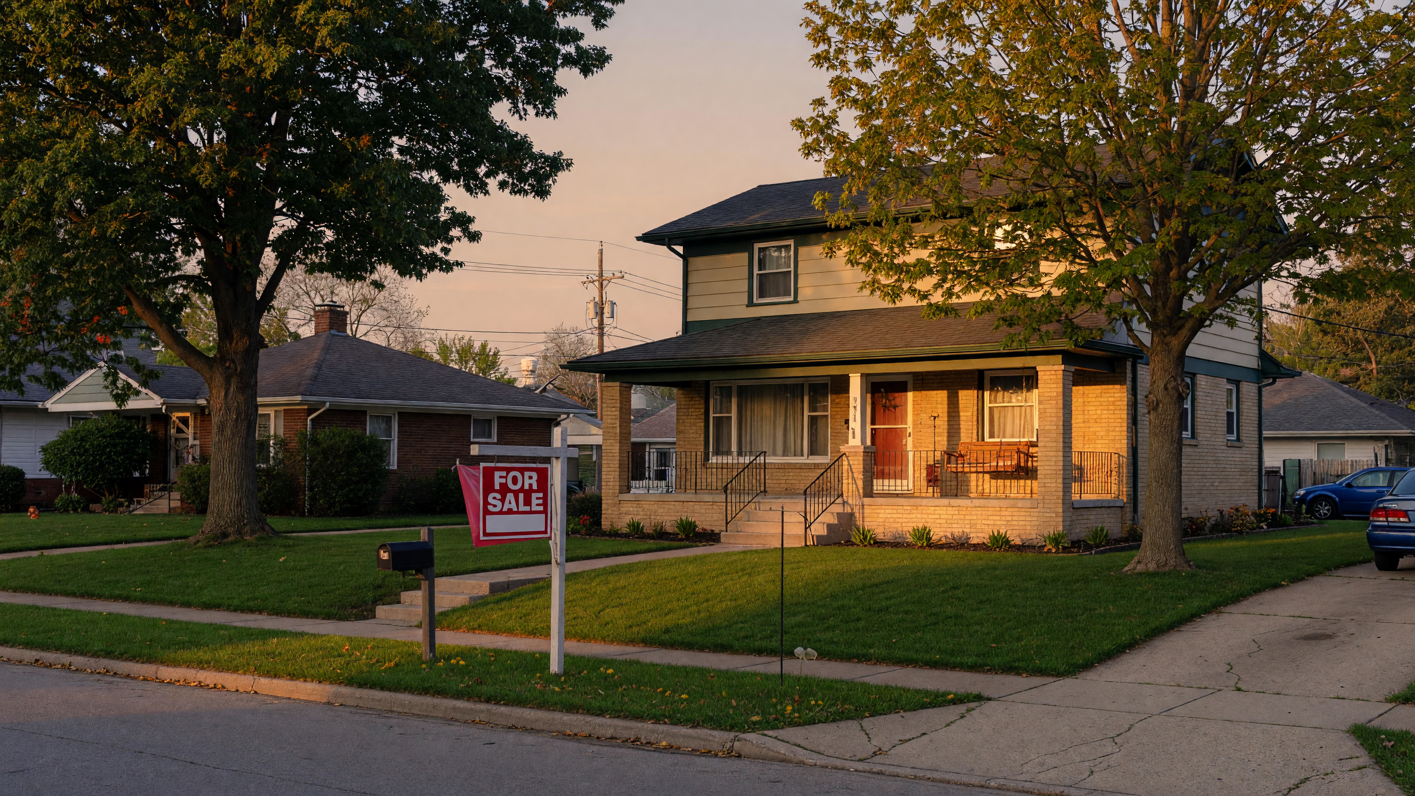 Charming suburban home in Dayton Ohio with a For Sale sign in the front yard, bathed in golden afternoon light