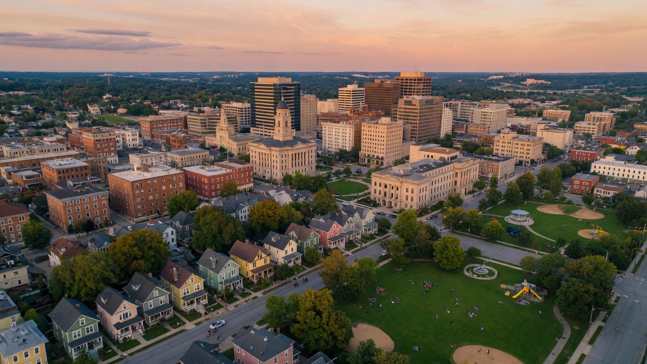 Aerial view of a mid-sized American city skyline at golden hour showing community character and growth