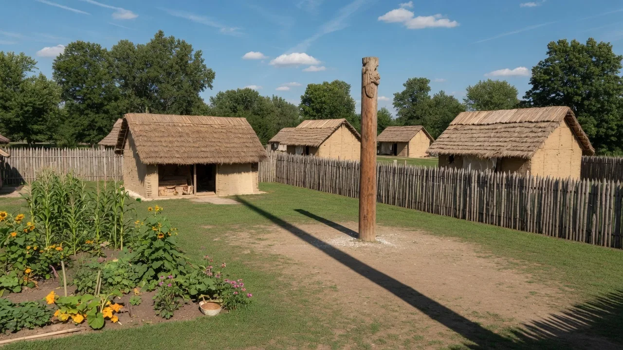 Reconstructed Fort Ancient Native American structures at SunWatch Indian Village near Dayton Ohio with thatched roofs, a stockade fence, and a tall central cedar post used for astronomical observation