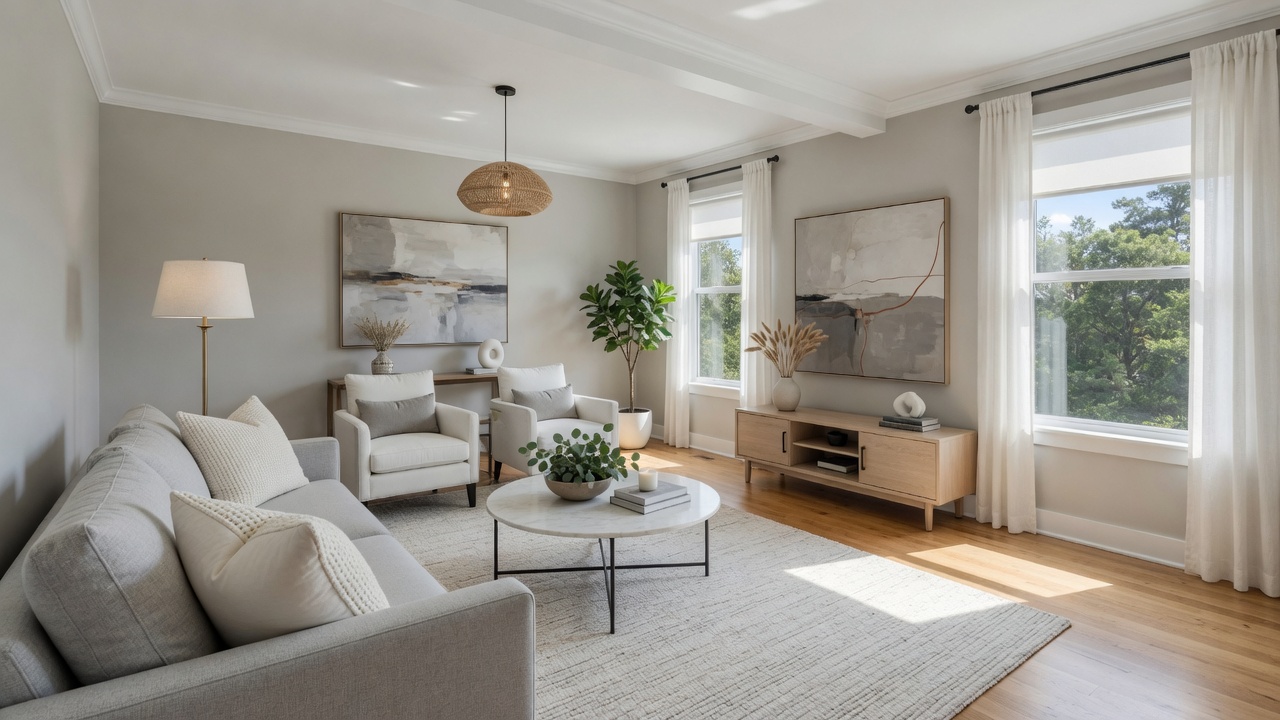 A beautifully staged modern living room in a Dayton Ohio home with natural light and contemporary furnishings