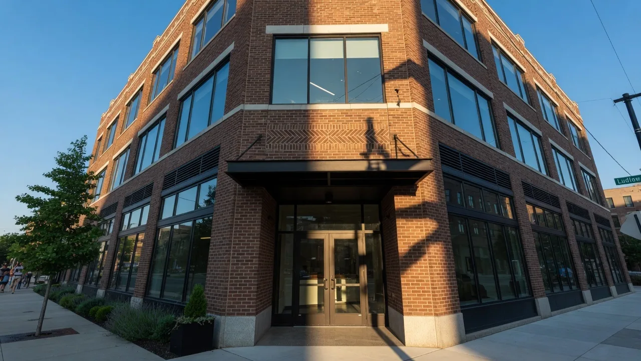 A modern independent real estate office building in downtown Dayton with a renovated brick facade and large glass windows in warm afternoon sunlight