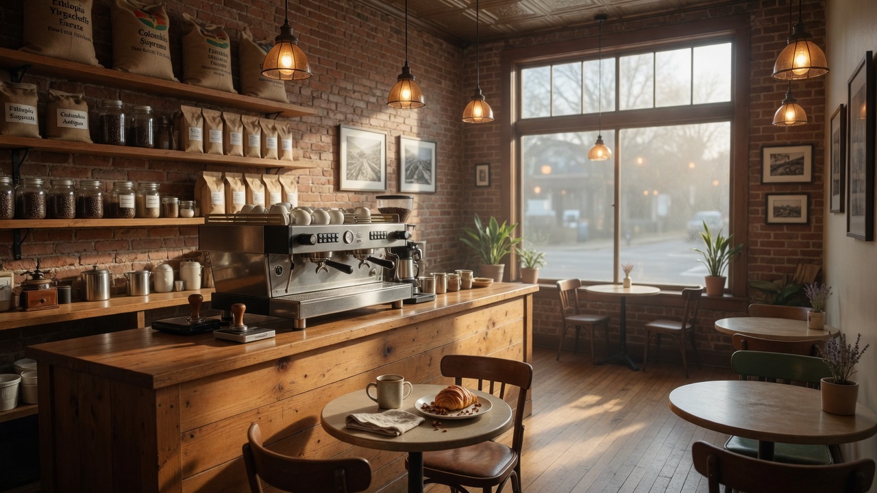 The cozy interior of a coffee shop with a polished espresso machine, warm pendant lighting, exposed brick walls, and wooden tables