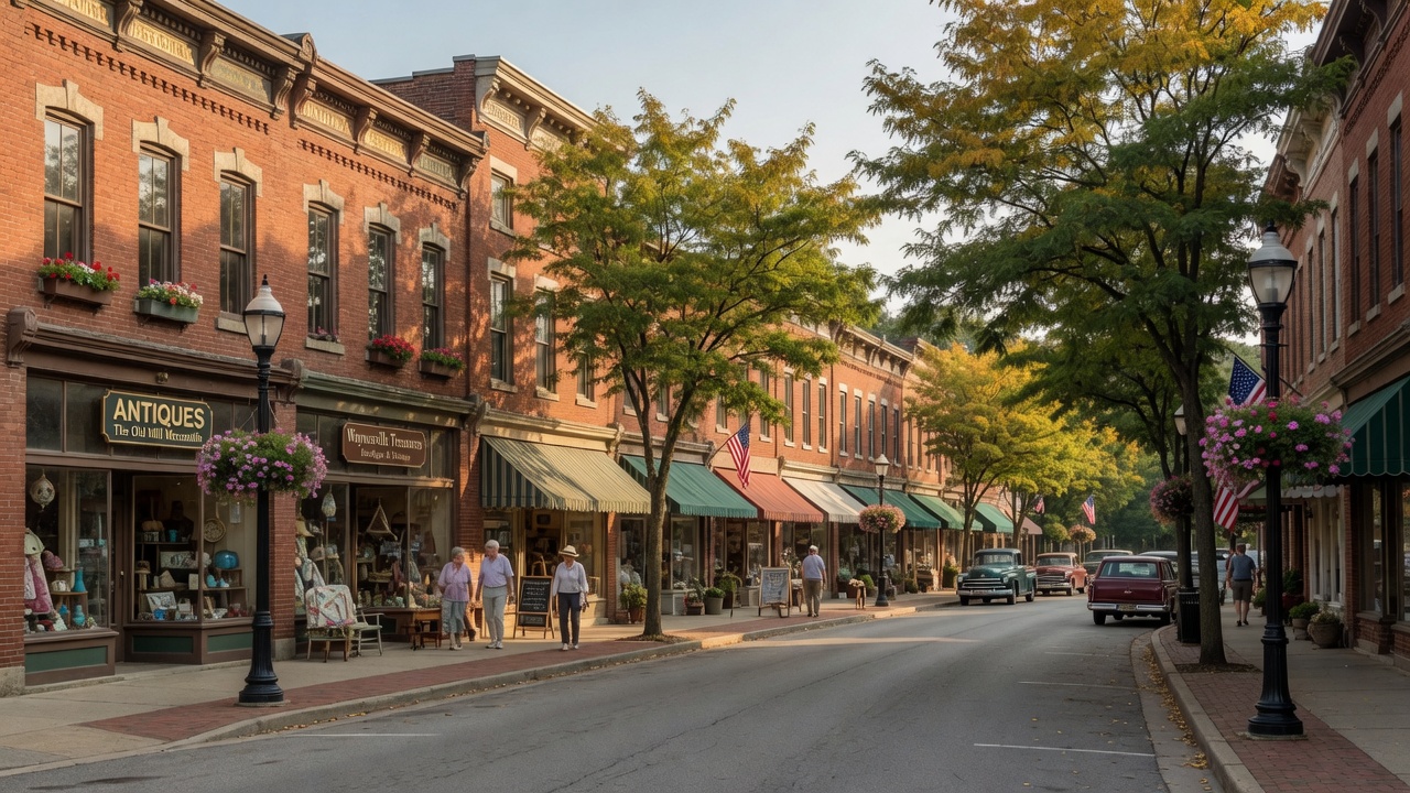 Charming Waynesville Ohio village main street with antique shops and historic storefronts