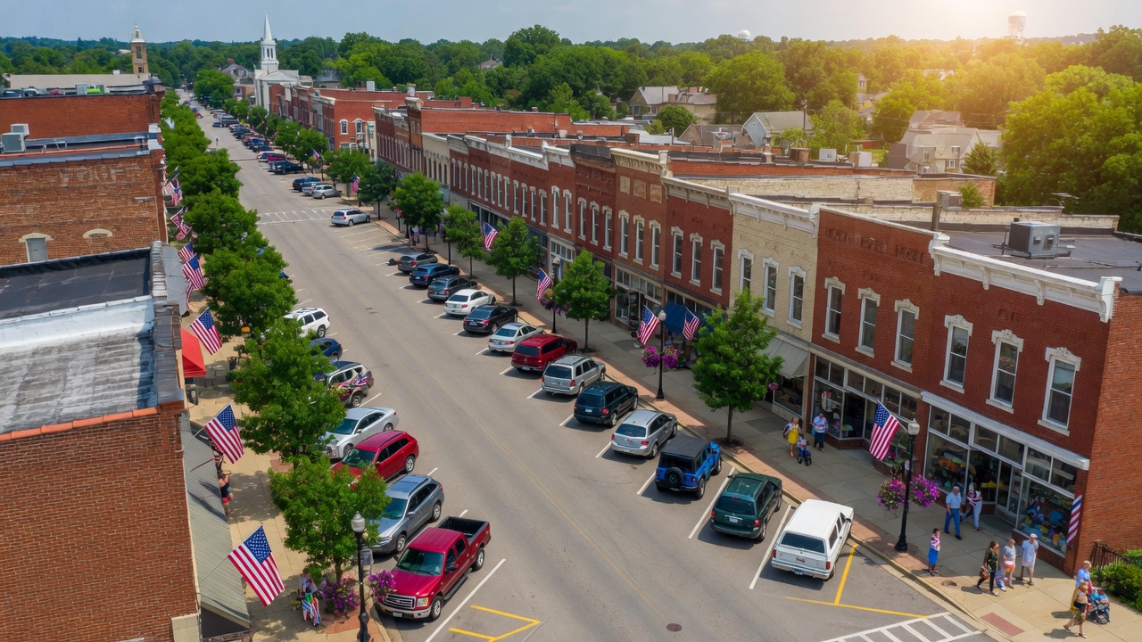 Aerial view of a small-town downtown area in the greater Dayton Ohio region with brick buildings and tree-lined streets