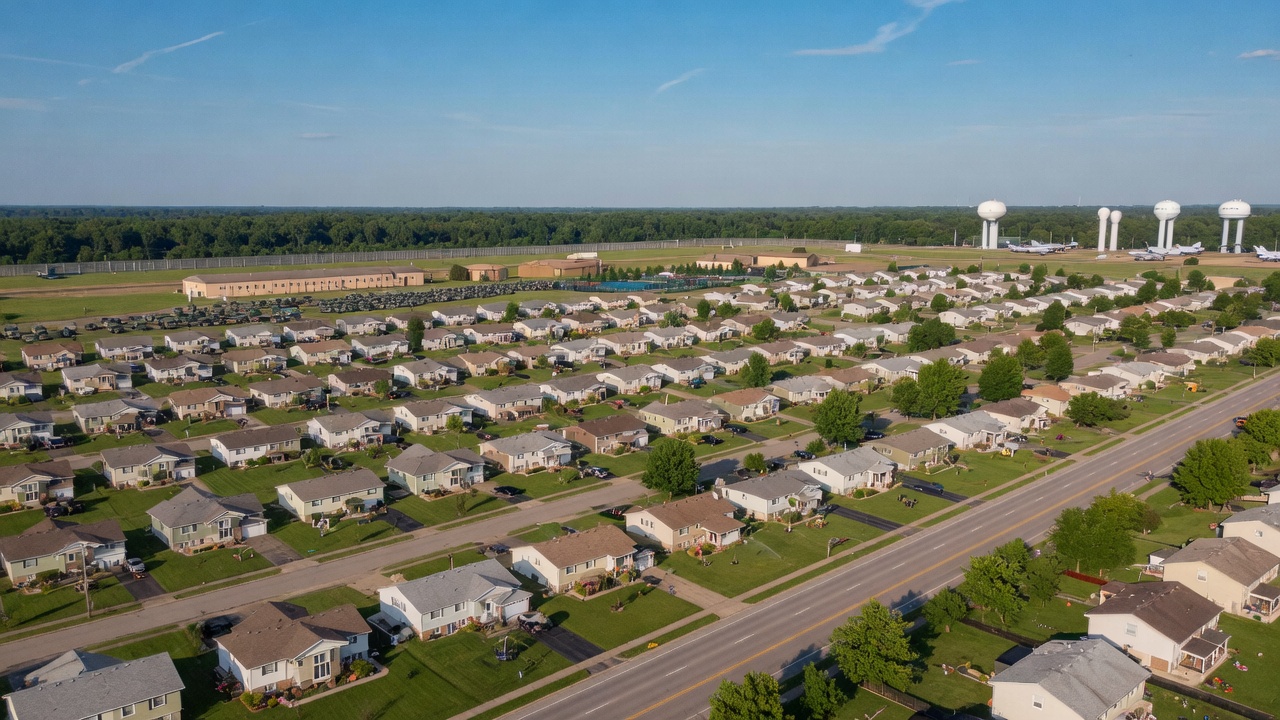 Aerial view of a suburban neighborhood near Wright-Patterson Air Force Base in the greater Dayton Ohio area with single-family homes and tree-lined streets