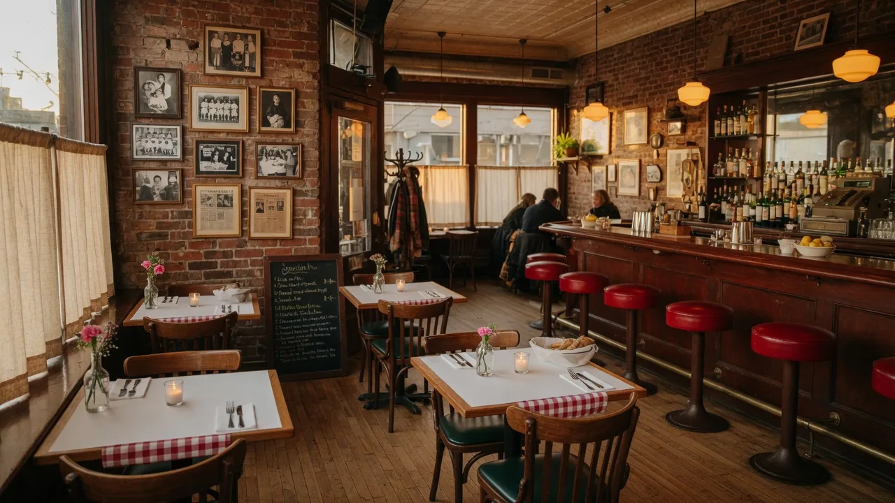 A cozy locally owned coffee shop with warm pendant lighting, exposed brick walls, a polished espresso bar, and customers sitting at wooden tables with steaming drinks