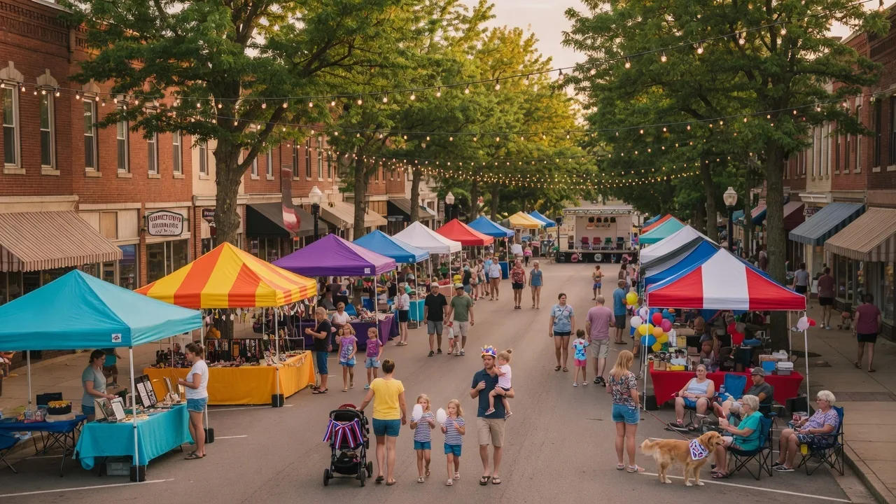 A vibrant summer community festival on a tree-lined Main Street in a small Ohio town with vendor tents, string lights, and families enjoying the afternoon