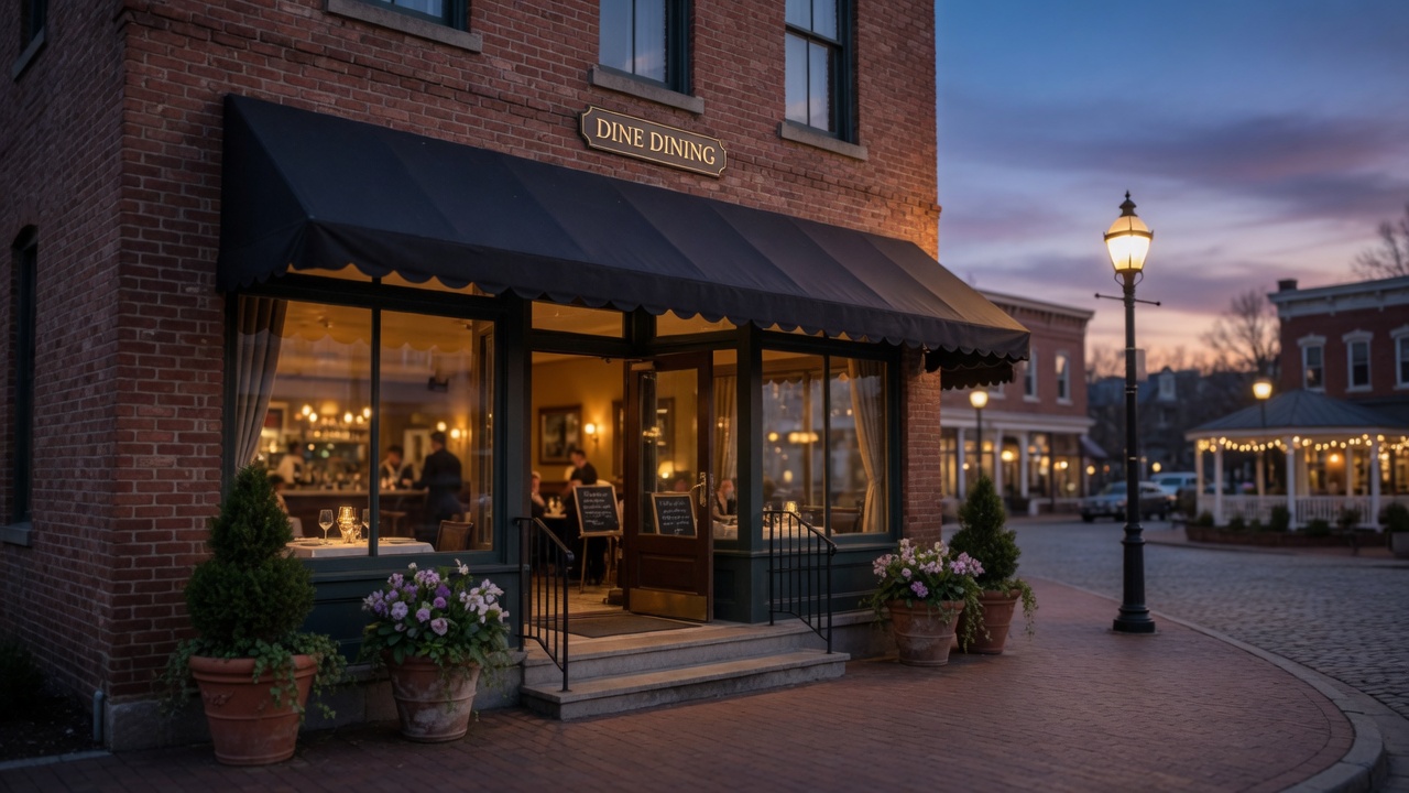 An elegant fine dining restaurant storefront on a charming small-town town square with warm ambient light glowing through large windows at dusk