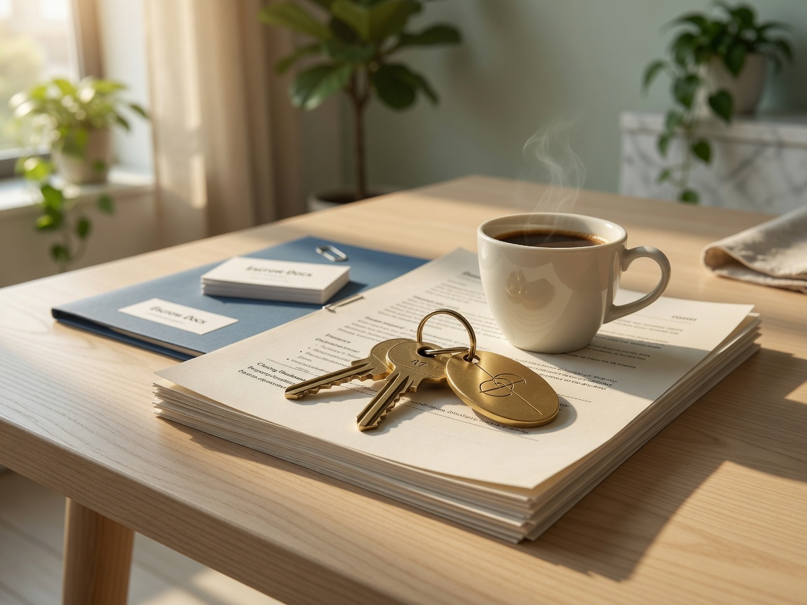 House keys resting on real estate documents with a cup of coffee