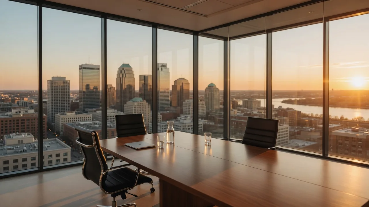A modern glass-walled conference room overlooking a city skyline at golden hour, representing the clarity and transparency of choosing the right brokerage partnership