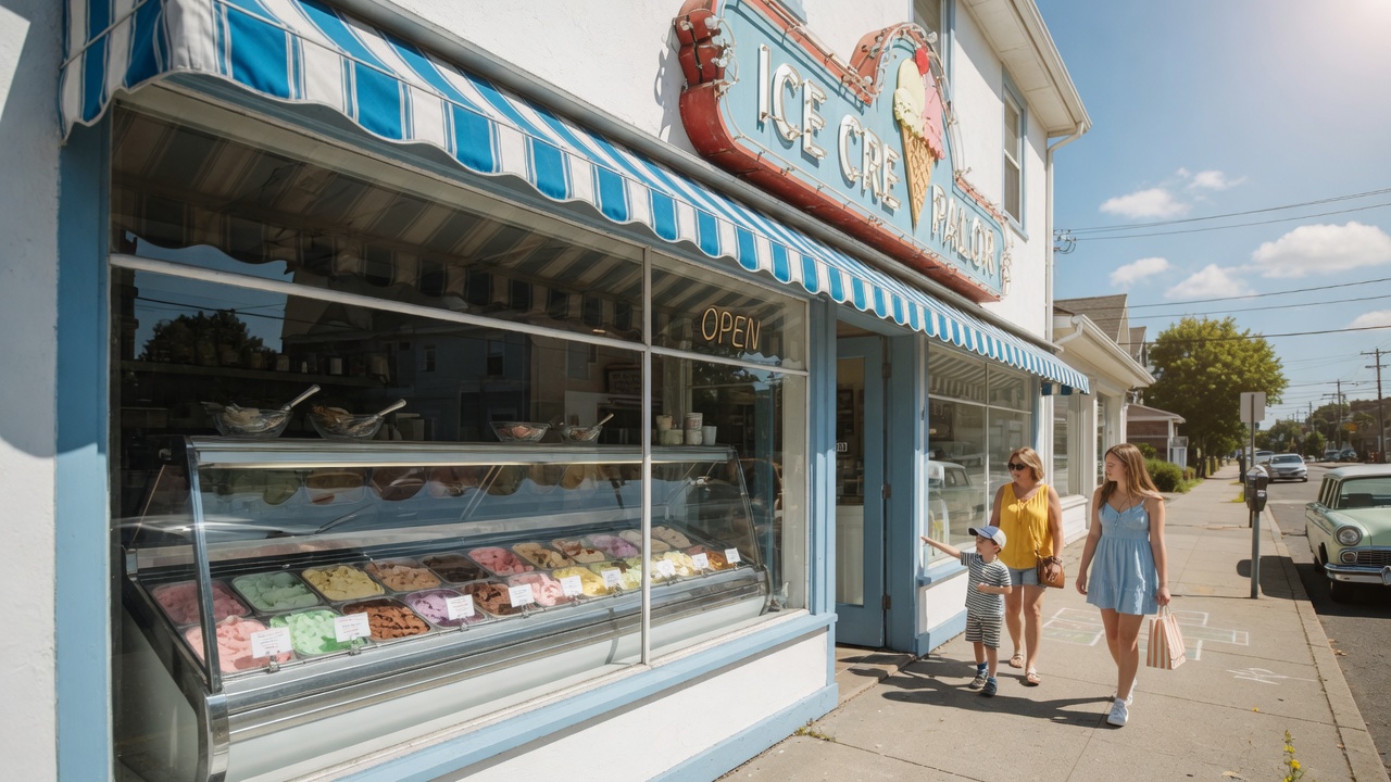 A classic ice cream parlor storefront with a retro-style sign, large display case, and customers on a sunny suburban Main Street in Centerville Ohio