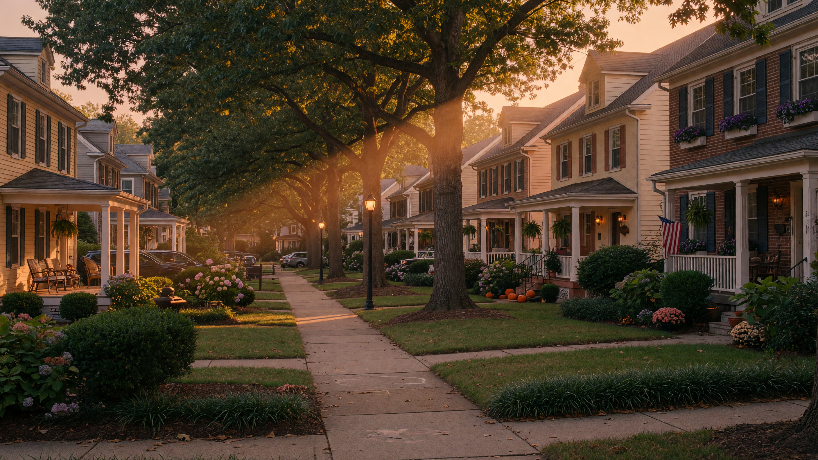 Tree-lined residential street in Northern Virginia at golden hour