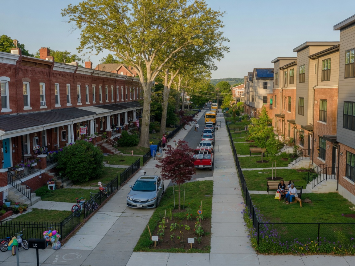 Residential street with brick row homes in Congress Heights Washington DC