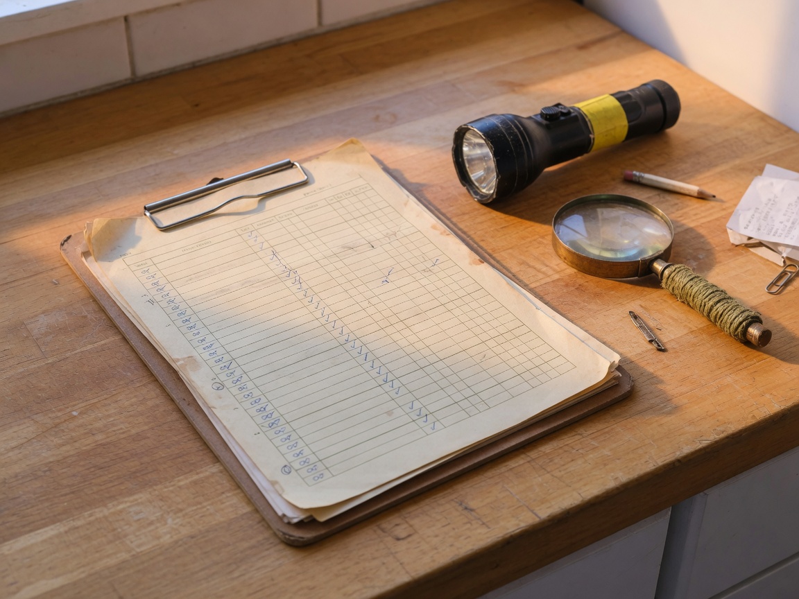 Home inspection tools and clipboard on a kitchen counter
