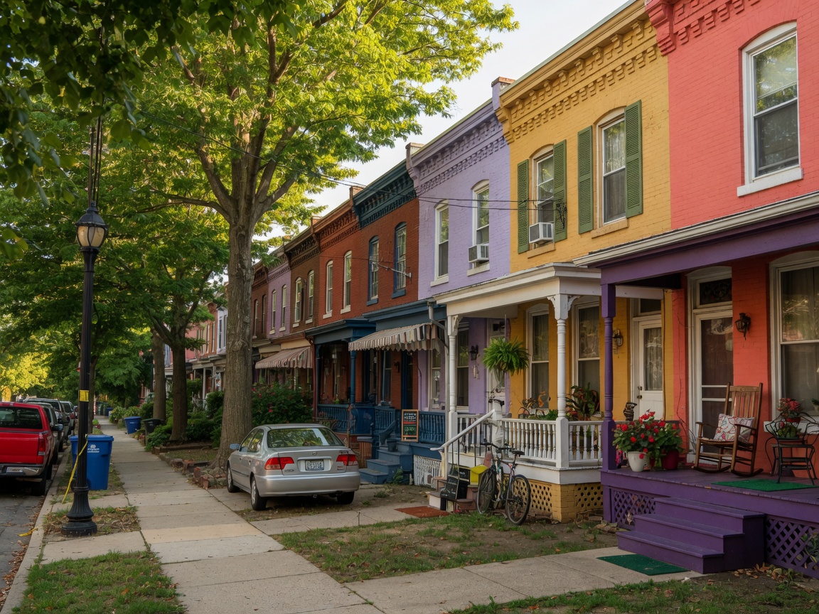 Colorful row houses on a tree-lined street in Trinidad Washington DC