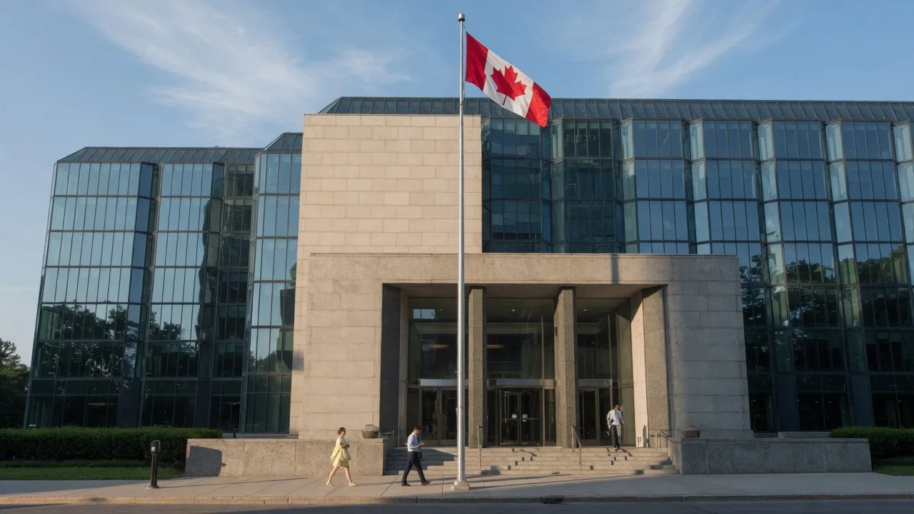 Bank of Canada building in Ottawa under a clear summer sky with warm morning light