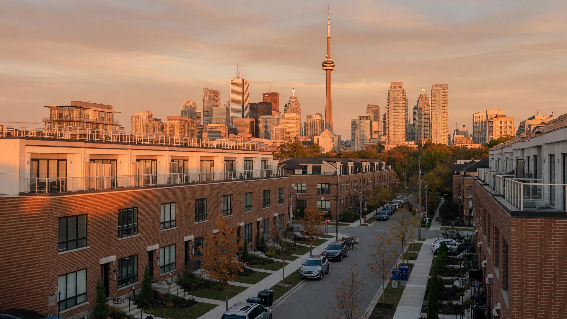 Toronto skyline at golden hour with modern townhouses in the foreground in a west-end residential neighbourhood