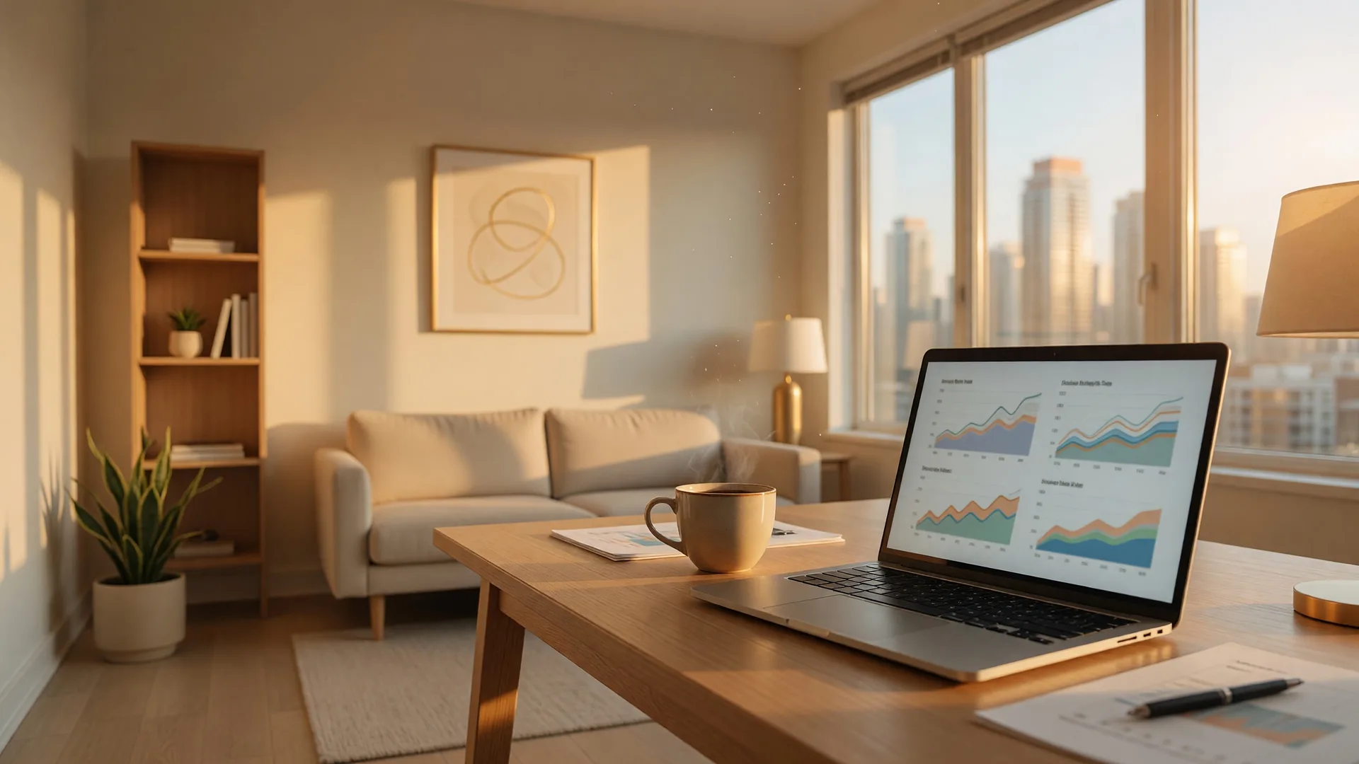 Bright modern mortgage broker's office with a laptop showing rate comparison charts