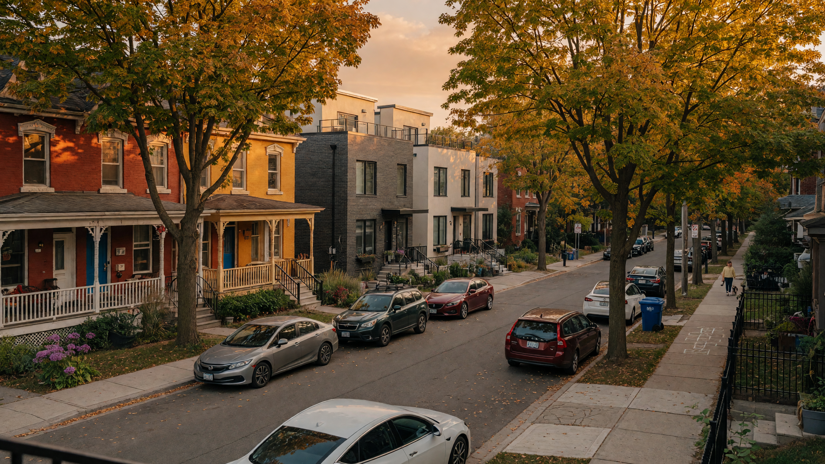 Tree-lined residential street on Toronto's west end showing a mix of classic brick homes and modern townhouses