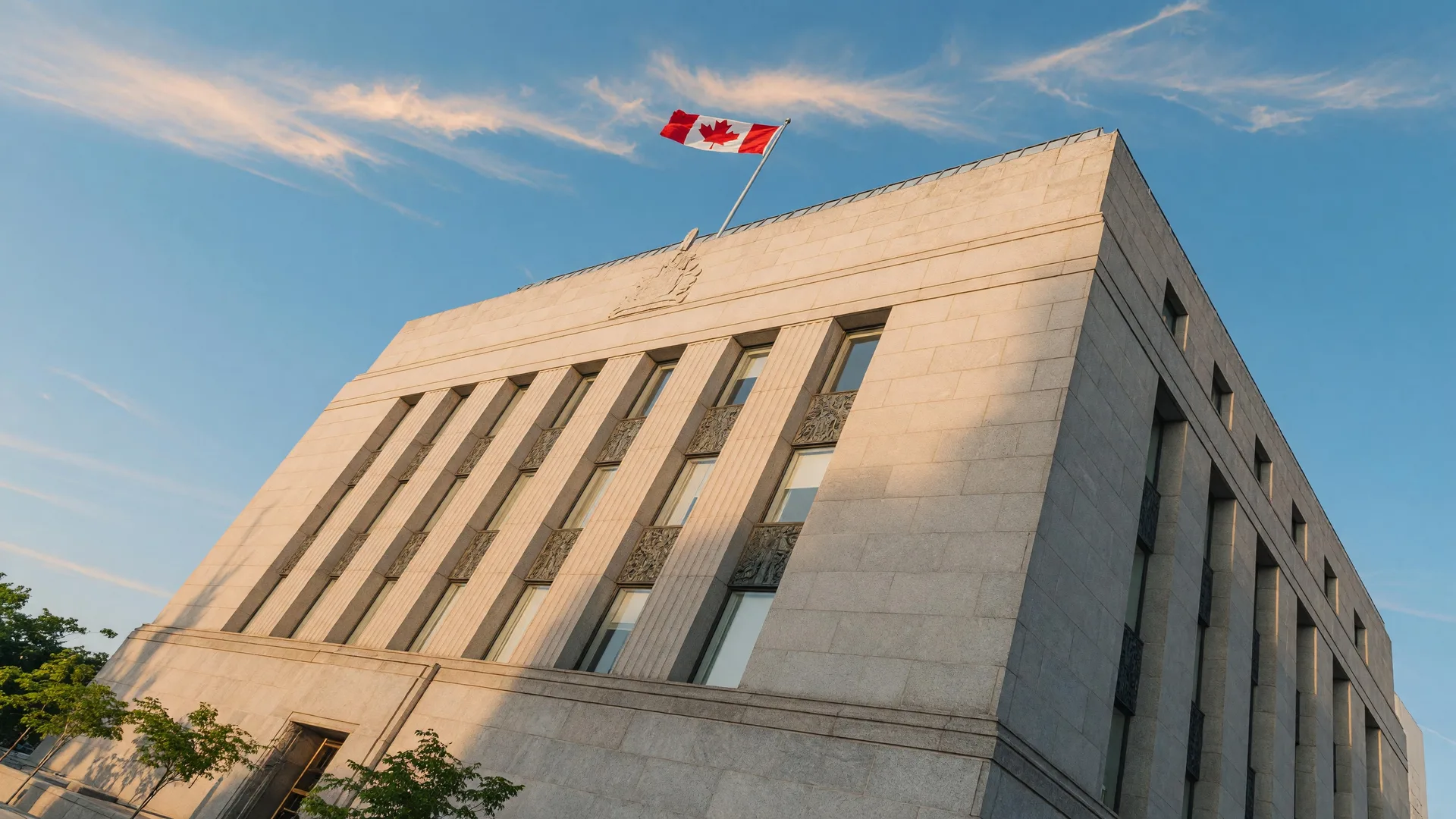 Bank of Canada building in Ottawa under a clear summer sky with warm morning light