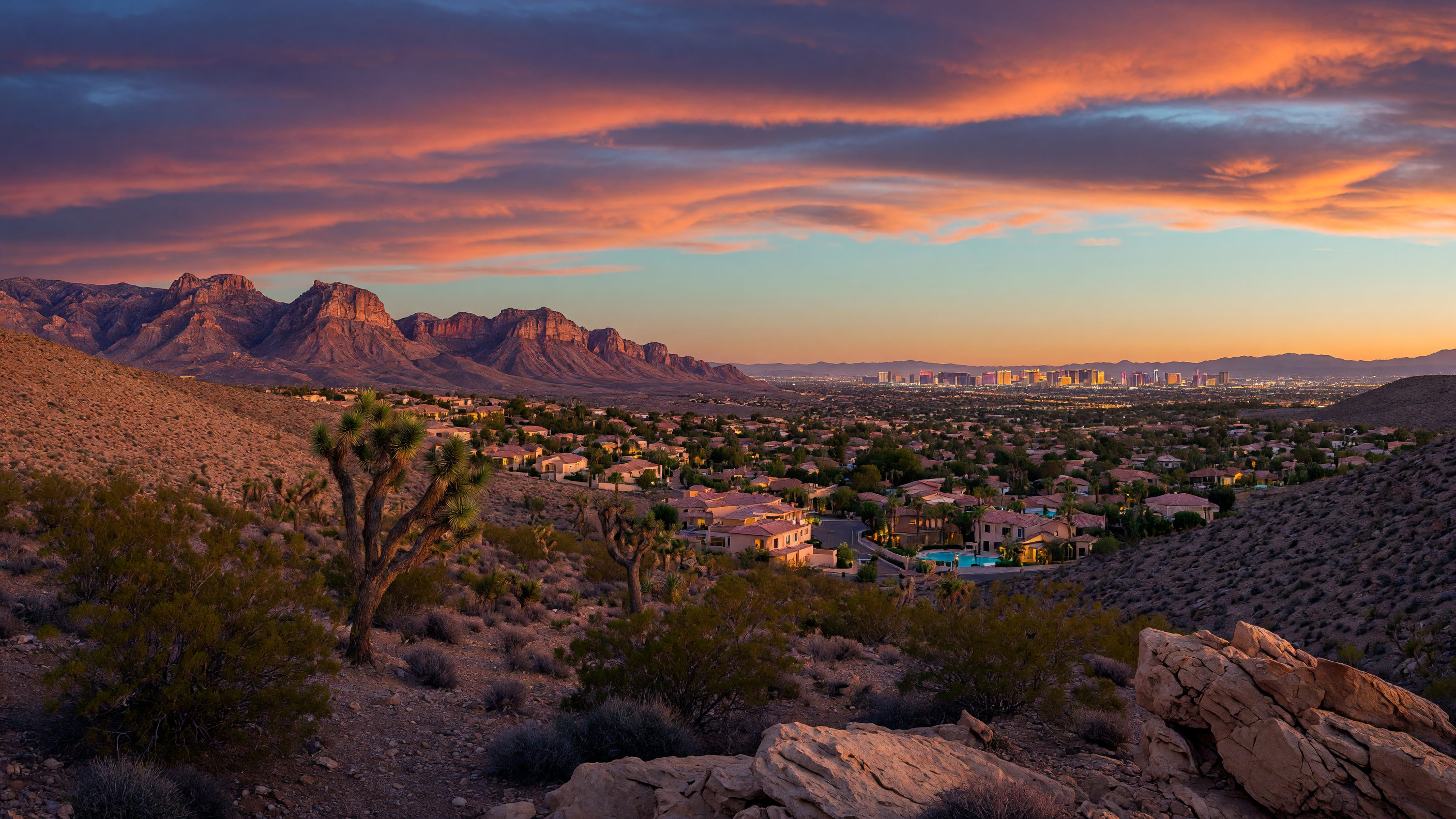 Panoramic sunset view of Southwest Las Vegas with desert landscape