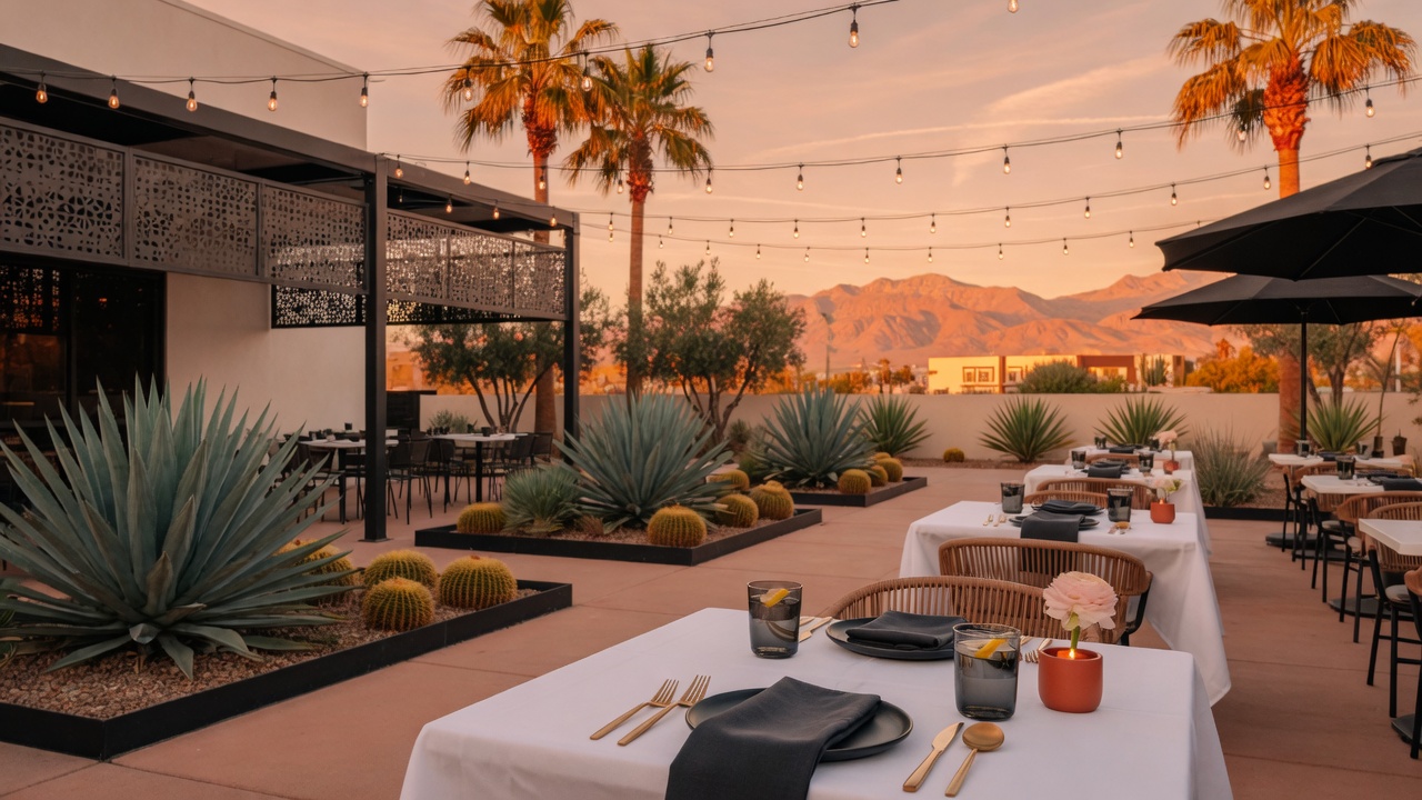 Outdoor restaurant patio at golden hour in Southwest Las Vegas with mountain views and string lights