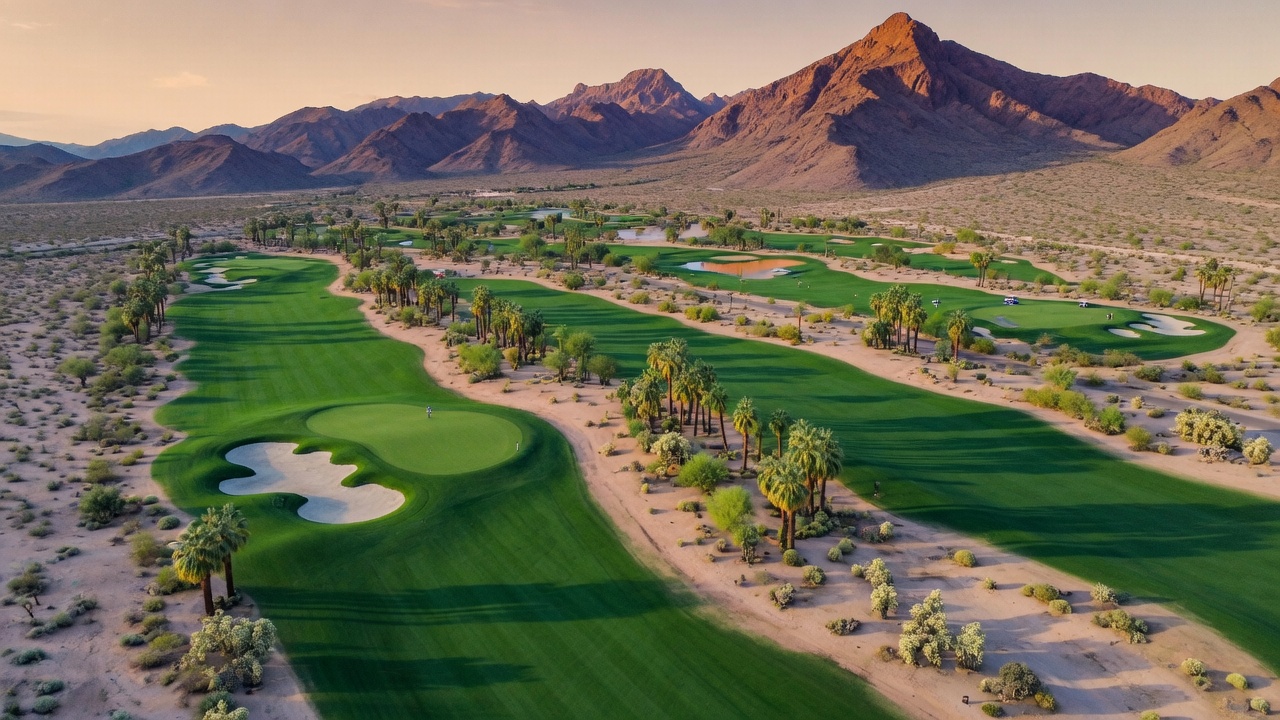 Desert golf course fairway with mountain views and blue sky in Southwest Las Vegas
